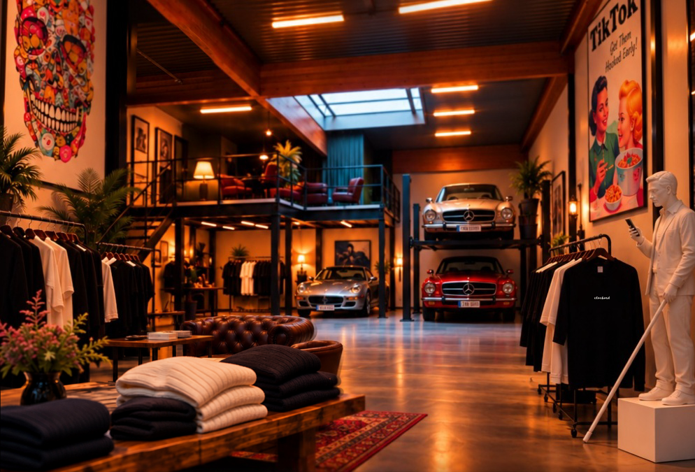 Inside the CLOCHARD garage: a red Mustang, a silver E-Type and the mezzanine lounge